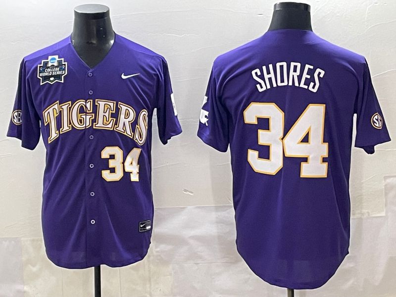 Men 2025 LSU Tigers #34 Shores Purple Joint Name Nike NCAA Jersey style 6